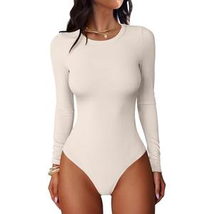 ANRABESS Women Long Sleeve Crew Neck Bodysuits Top 2025 Fall Slim Fit Ribbed Knit Soft Basic Tee Shirts XL, Light Apricot