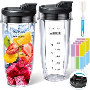 GuanQiao 2-Pack 24oz Blender Cups: Replacement For Ninja, With Sip/Seal Lid, Cleaning Brush & 24pcs Writable Labels. Fits BN401/BN751/BN801/BN800/BL450/BL456/BL480/Foodi SS401/SS101/TWISTi SS151/SS351