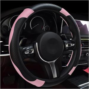 Car Steering Wheel Cover, 15 Inch Leather Breathable Auto Steering Wheel Protector, Comfortable Non-Slip Vehicle Steering Wheel Covers, Universal Interior Car Accessories (Black+Pink)