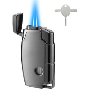 Double Torch Butane Lighter with Punch, Jet Windproof Lighter with Keyhole, Refillable and Adjustable, Great Gift for Men and Women, Sold Without Butane(Black)
