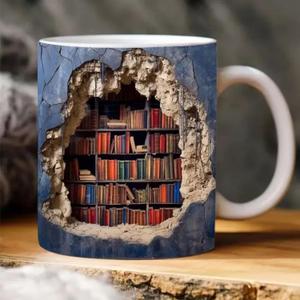 3d Bookshelf Mug - 3D Effect Books Mugs, Creative Space Design Multi-Purpose Mugs, Book Lovers Coffee Mug, Gifts for Readers (D)