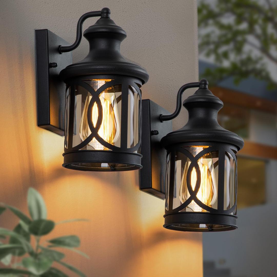 2-Pack Outdoor Wall Lights, Porch Lights, Waterproof Outdoor Wall Sconce, Exterior Light Fixtures Matte Black with Clear Glass Shade for House Garage Patio Front Door Balcony (9.75in.)