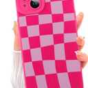 ZIYE for iPhone 14 Case Hot Pink Grids Plaid Checkerboard Pattern Phone Case with Camera Protection,Soft TPU Silicone Rubber Protective Cover Grid Checkered Chess Design Cases