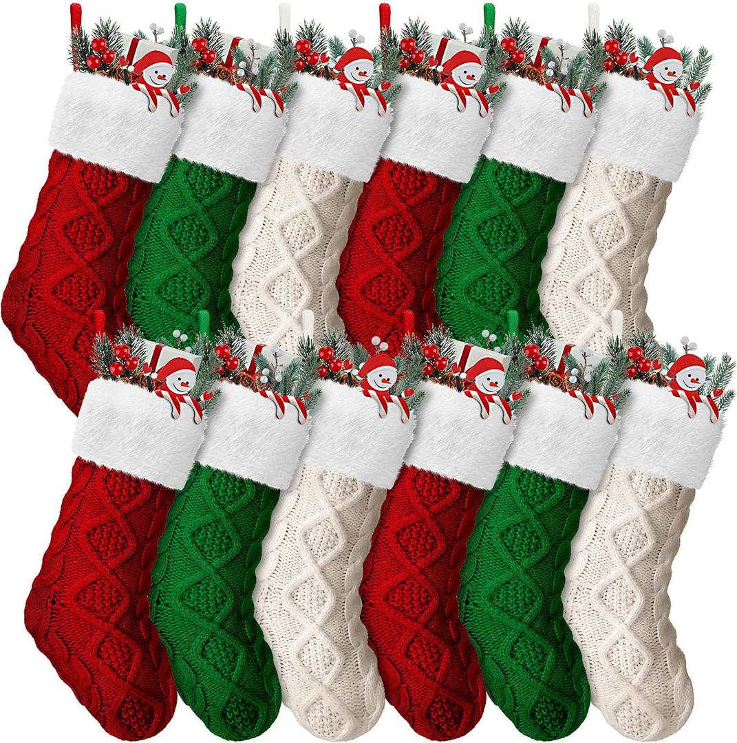 Hungdao 12 Pcs Christmas Green Red Stockings Mini Knitted for Xmas Tree 8.3 Inches Mini Christmas Socks Double Sided Fireplace Hanging Stockings for Family Xmas