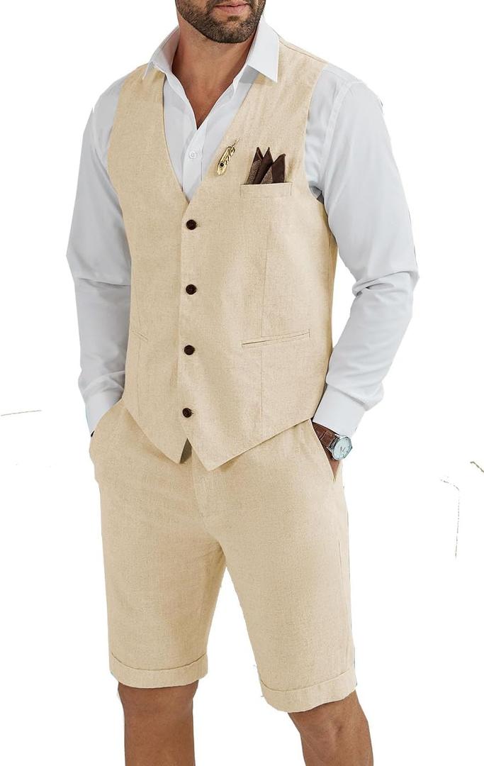 Men's Linen 2 Piece Suit Slim Fit Wedding Groom Groomsmen Summer Vest Shorts Set (Large, Champagne)