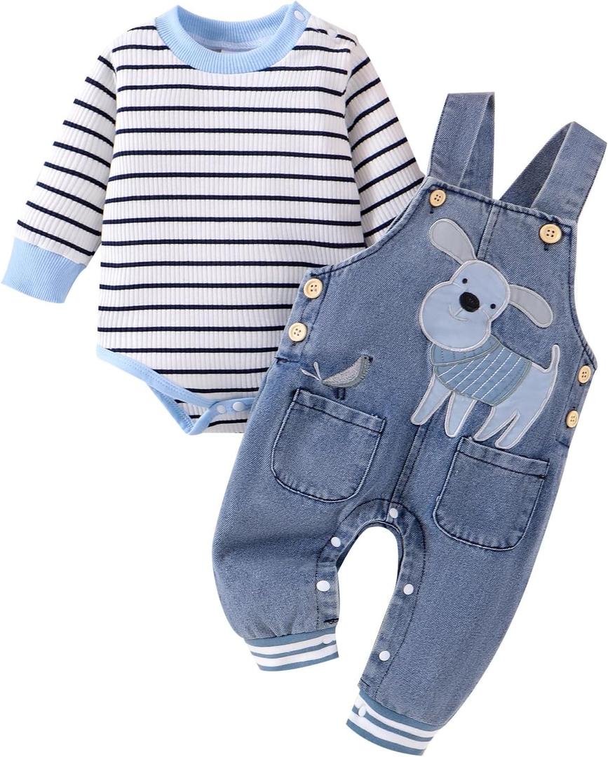 Baby Boy Clothes Fall Winter Outfits Long Sleeve Striped Romper Cute Cartoon Jeans Overalls Pants Set 9-12 Months