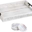 Wooden Serving Ottoman Tray With 4 Coasters, Breakfast Tray With Handles, Home Decor for Living Room, Coffee Table