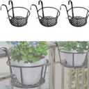 3 PCS Railing Hanging Planter Holders, Suitable for Railings from 1" to 2.08". Round Balcony Metal Flower Pot Stand with Base, Easy for Hanging and Moving.