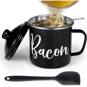 Bacon Grease Container with Strainer - with Food-Grade Silicone Spatula, 46oz Large Enamel Rustic Farmhouse Fat Container, Keeper, Recipes, Dishwasher Safe (Black)