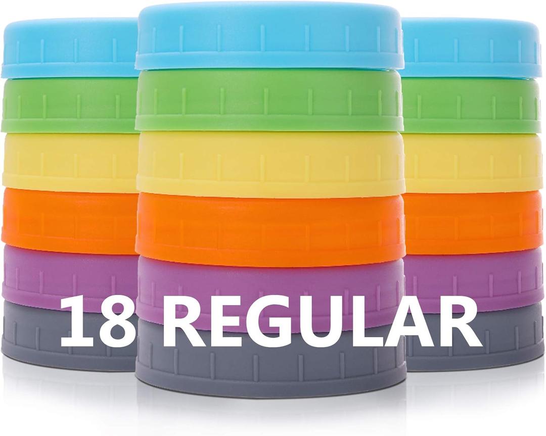 AOZITA 18 Pack Plastic REGULAR Mouth Mason Jar Lids for Ball Regular Mouth Jars - Colored Plastic Storage Caps for Mason/Canning Jars, Leak Proof, Dishwasher Safe & Food Grade