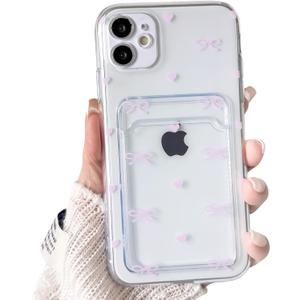 NITITOP Compatible with iPhone 11 Case Clear with Card Holder Cute Bow Knot Love Heart Design for Women Girls Soft TPU Shockproof Wallet Case Protective Phone Cover - Pink