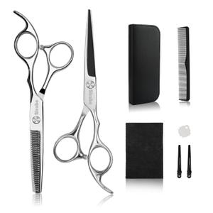 Hair Cutting Scissors Thinning Shears Kit, 6.5 inch Professional Haircut Scissors for Beard Trimming Shaping with Comb Case, Hairdressing Shears Set (Silver)
