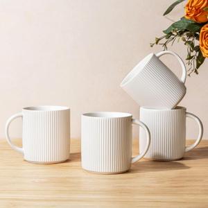 theterra Ceramic Coffee Mugs Set of 4, 14.2oz Handmade Coffee Cups with Handle for Latte, Tea, Milk, Beer, Hot Cocoa, Bright White