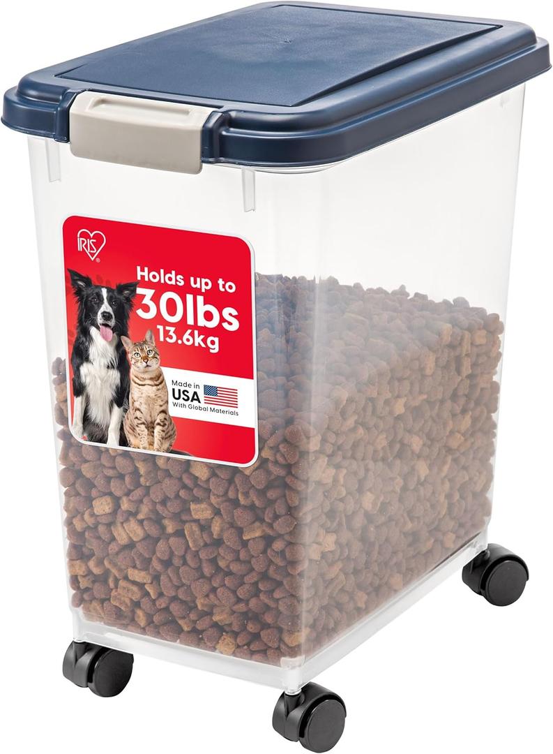 IRIS USA Airtight Dog Food Storage Container, Up to 30 lbs, Attachable Wheels, for Dog Cat Bird and other Pet Food Storage Bin, Keep Fresh, Easy Mobility, BPA Free, Navy