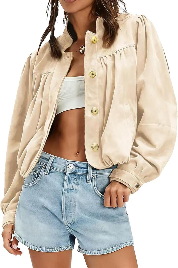 Women's Faux Suede Jacket with Pockets Oversized Puffed Long Sleeve Stand Collar Button Down Pilot Jackets Coat (Beige, XL)