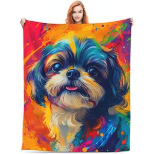 Colorful Shih Tzu Blanket Gifts for Women Girls Dog Lovers, Shih Tzu Themed Throw Blankets, Soft Cozy Lightweight Plush Throws for Living Room Sofa Couch Home Decor 60x80in
