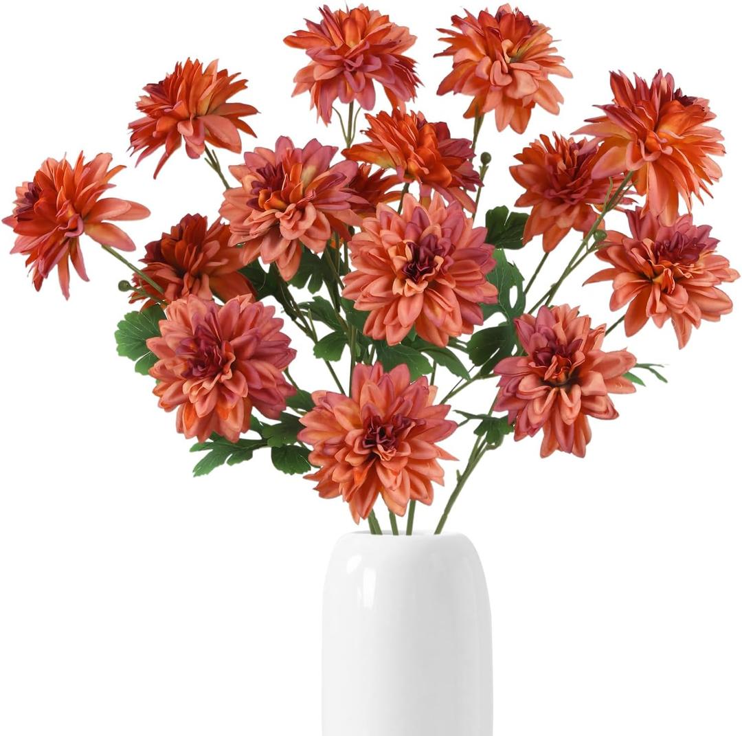 6PCS Dahlia Artificial Flowers 27.5Orange Faux Flowers Silk Fake Dahlia with Stems for Home Wedding Dining Table Party Garden Fall Decoration(Orange)