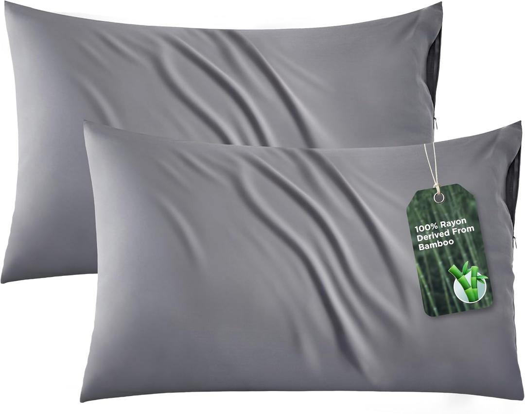 Bedsure Zipper Pillow Cases Queen, Cooling Pillow Cases Queen Size Set of 2, Rayon Derived from Bamboo Cooling Pillowcases for Hot Sleepers, Soft & PureWoven Pillow Covers, Dark Grey, 20x30 Inches