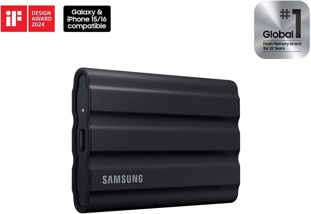 Samsung T7 Shield 1TB, up to 1050MB/s, USB 3.2 Gen2, Rugged, IP65 Rated, for Photographers, Content Creators and Gaming, Portable External Solid State Drive (MU-PE1T0S/AM, 2022), Black