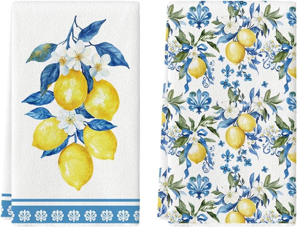 Artoid Mode Lemon Flowers Floral Summer Kitchen Towels Dish Towels, 18x26 Inch Seasonal Decoration Hand Towels Set of 2