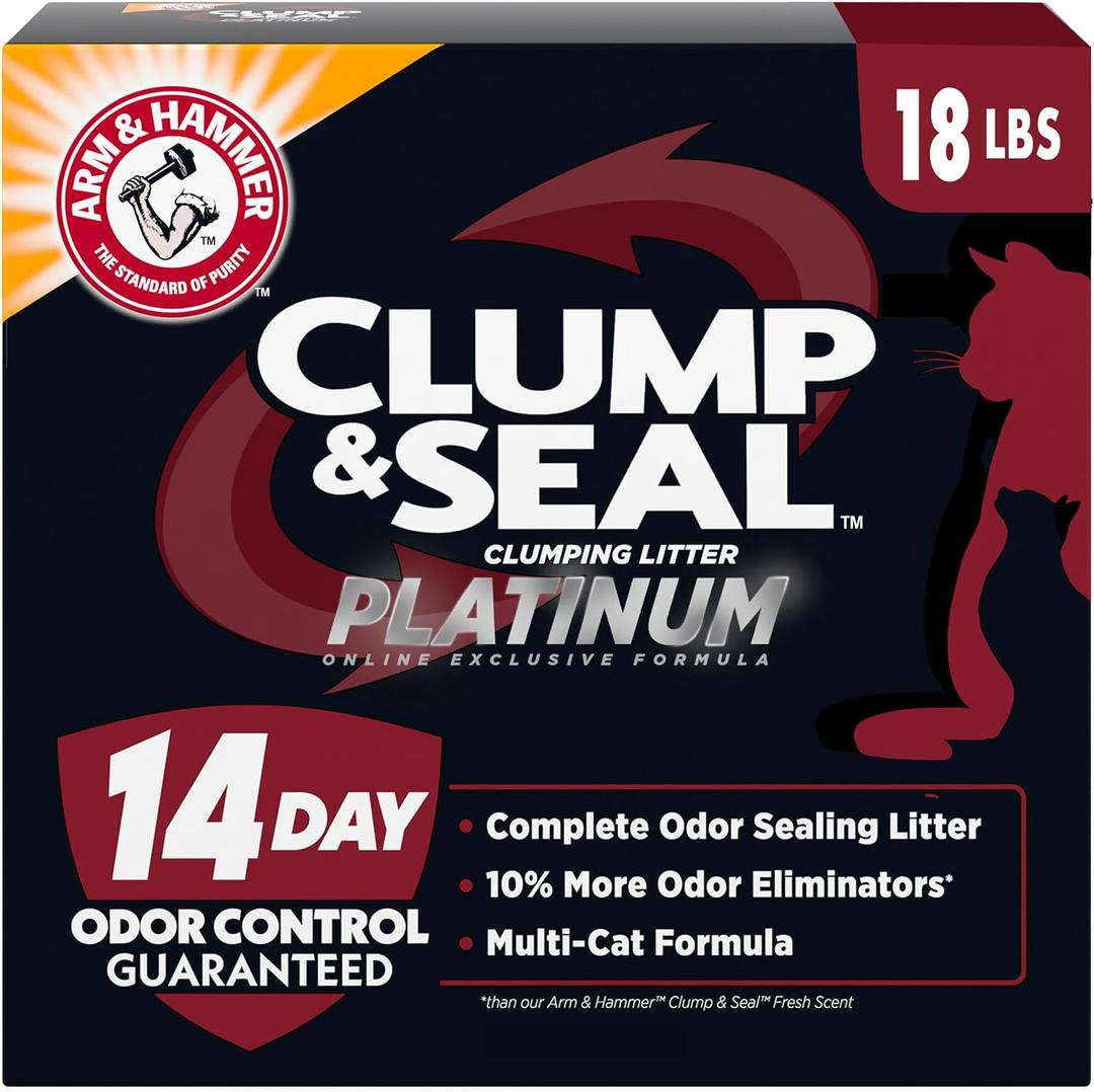 ARM & Hammer Clump & Seal Platinum Cat Litter, Multi-Cat Clumping Litter Forms Rock-Hard Clumps, Powerful Odor Eliminators with Baking Soda, 14-Day Odor Control, 18 lbs