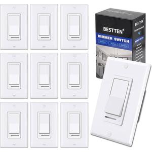 BESTTEN 10 Pack Super Slim Dimmer Light Switch for 300W Dimmable LED/CFL Lights and 600W Incandescent/Halogen, Single Pole/3Way LED Slide Dimmer, Wall Plate Included, ETL Listed, White