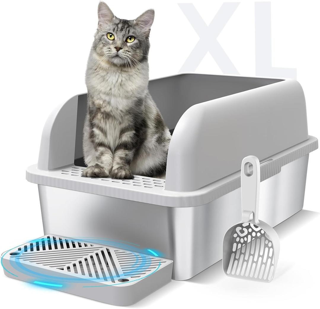 Enclosed Stainless Steel Cat Litter Box with Lid Extra Large Litter Box for Big Cats XL Metal Litter Pan Tray with High Wall Sides Enclosure, Non-Sticky, Anti-Leakage, Easy Cleaning (6 Deep, Light Grey & Sliver)
