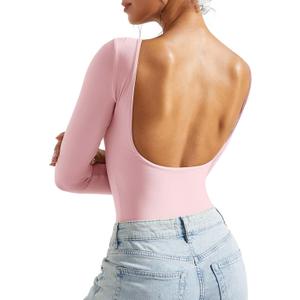 SUUKSESS Women Backless Y2k Long Sleeve Bodysuit Double Lined Open Back Sexy Basic Top (Small, Blush)