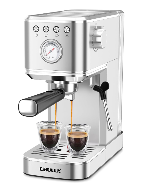 CHULUX Slim Espresso Machine with Milk Frother, 20 Bar Professional Italian Pump Espresso Coffee Machine for Home Cappuccino & Latte Maker, Stainless Steel, Silver