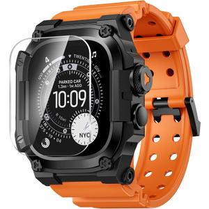 Goton Rugged Case with Band for Apple Watch Ultra 3/2/1 49mm, Military Grade Shockproof Cover + Screen Protector Kit for iWatch Band Men, Skin-Friendly TPU Strap for Outdoor Adventures (Orange)