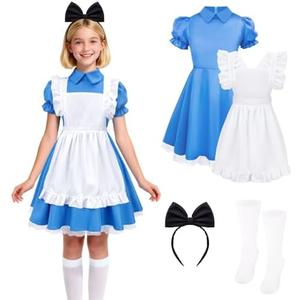 Cardkiss Halloween Costumes for Girls Blue Princess Dress with White Apron, Bow Headband and Socks, Size 150