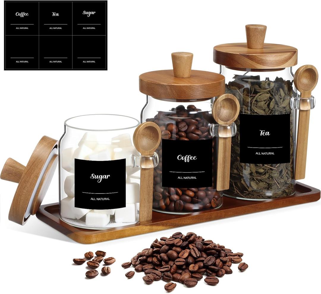 Suclain 3 Pcs Glass Coffee Container with Wooden Lid Spoon Shelf Labels Clear Airtight Jar Food Storage Canister Set for Sugar Spice Coffee Bean Holder Housewarming Gift(13.5,20,25 oz,Acacia Brown)