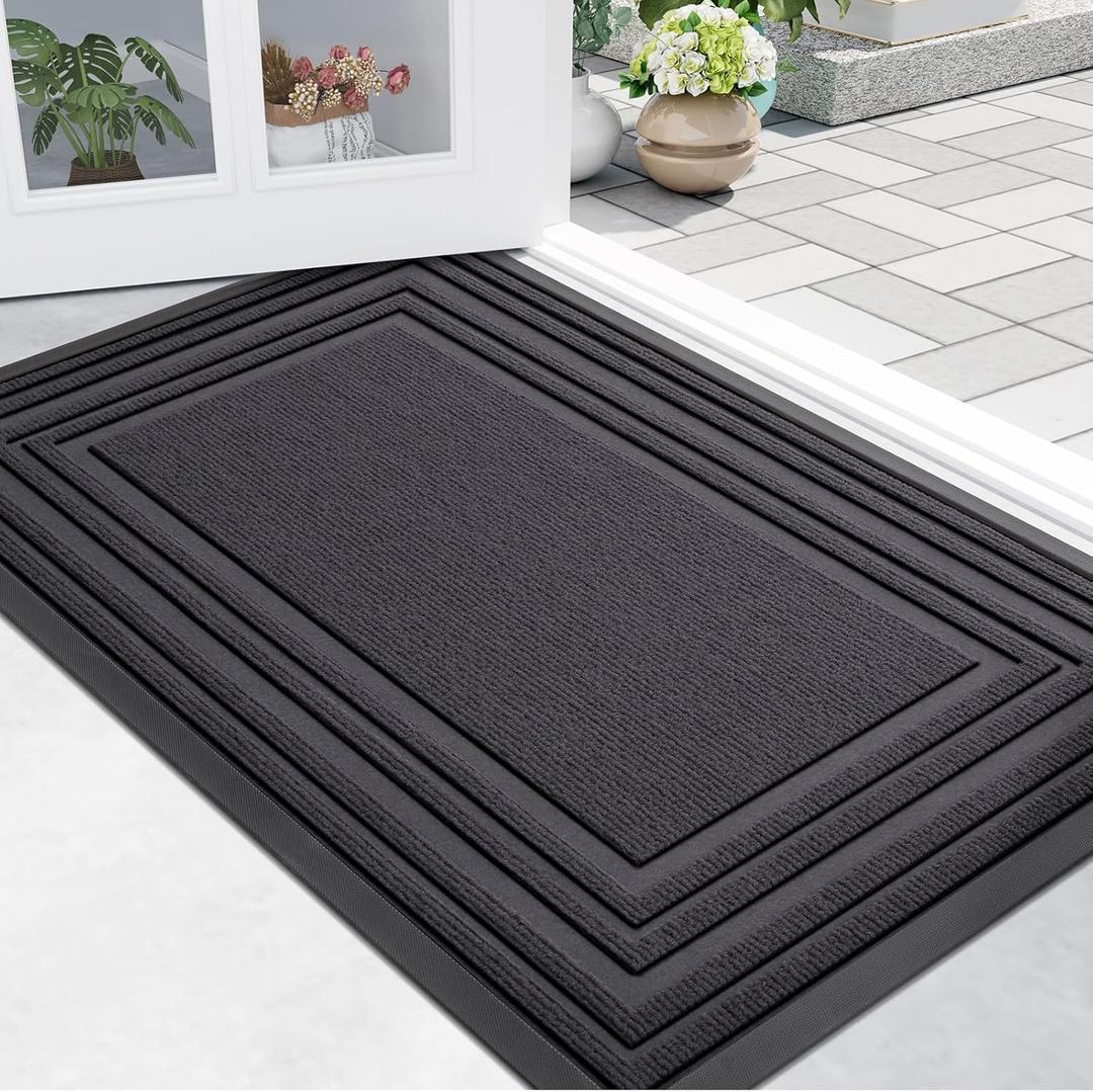 Buganda Front Door Mat Indoor Outdoor Entrance, Non-Slip Natural Rubber Doormats, Easy Clean, Low Profile, Dirt Trapper Entryway Floor Mats for Outside, Garages and Patios, 36x24, Light Grey