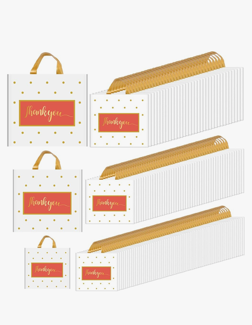 Gueevin 200 Pcs Thanks Bags with Handle Bulk Thank You Merchandise Bags 3 Size Plastic Packet Retail Shopping Package for Boutique 9 x 12'', 12 x 14'', 13 x 15''(White)