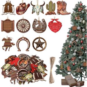 36 Pcs Western Cowboy Ornaments for Christmas Tree Hanging Double-Sided Printing Wooden Xmas Decor Cowboy Hat Cactus Horseshoe Boots Ornaments for West Theme Decorations