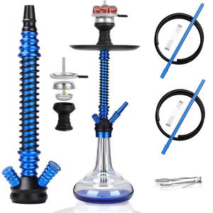Hookah Set with Everything Accessories Silicone Hose Bowl Coal Tongs Mouth Tips Chimney Screen Diffuser,Glass Shisha Hookahs Set Complete Aluminum Stem Hooka Smoking Blue