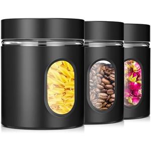 Mimorou 3 Pcs Stainless Steel Canister Set with Glass Windows Visible Storage Jars Silver Kitchen Canister Set for Pasta Flour Oat Sugar Container, Kitchen Tools, Housewarming Gifts (Black,20 oz)