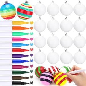 16 Pcs Christmas Ball Ornaments Set, 3.15 Inch Plastic Blank White Ball Ornaments for DIY Craft Activities with 12 Marker Pens for Christmas Tree Ornament Farmhouse Holiday Xmas Party Favor