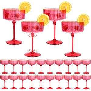 24 PCS Plastic Ribbed Martini Glasses 10 oz Detachable Gold Rim Red Ribbed Coupe Glasses Vintage Christmas Martini Cocktail Glass for Bar,Margarita,Gin,Tequila, Desserts and Snacks
