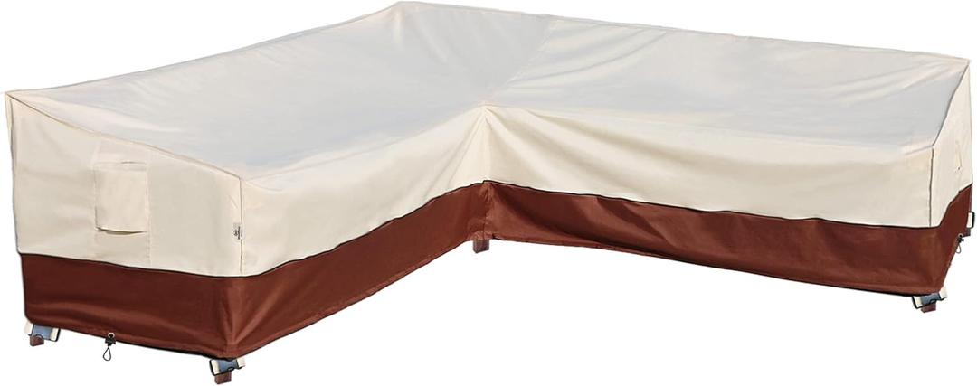 Outdoor Sectional Cover-V-Shaped Garden Patio Furniture Covers Waterproof Rip-Stop Anti-UV 600D Heavy Duty Outdoor Couch Cover with 3 Air Vents Sofa Cover 85''L 33.5''D 31''H,Beige & Reddish Brown