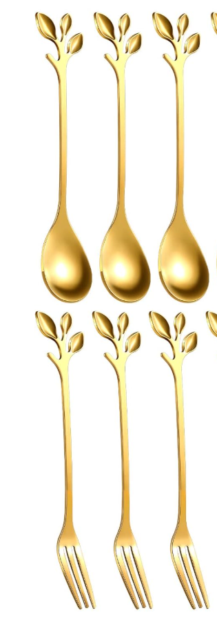 Sieral 9 Pieces Leaf Coffee Spoons, Mini Serving Tongs and Appetizer Forks Stainless Steel Sugar Cube Tongs Dessert Spoons Metal Dinner Forks for Dessert Coffee Tea (Gold)
