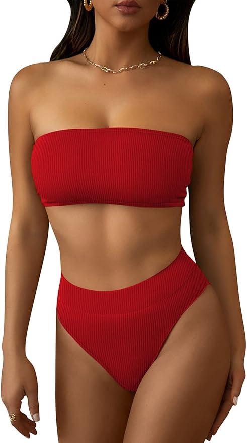 Pink Queen Women's Ribbed High Waisted Bikini Set Removable Strap Bandeau Swimsuit, XL