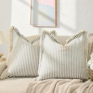 ZWJD Throw Pillow Covers 18x18 Set of 2 Striped Pillow Covers with Fringe Chic Cotton Decorative Pillows Square Cushion Covers for Sofa Couch Bed Living Room Farmhouse Decor (Gray)