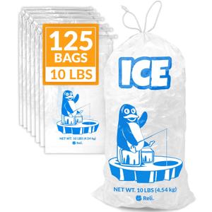 Reli. Plastic Ice Bags 10 lb (125 Pack) Cotton Drawstring | 12"x21" Reusable Heavy Duty Bags for Ice Machine, Freezer Storage | Clear, Freezer Safe (1.5 Mil)