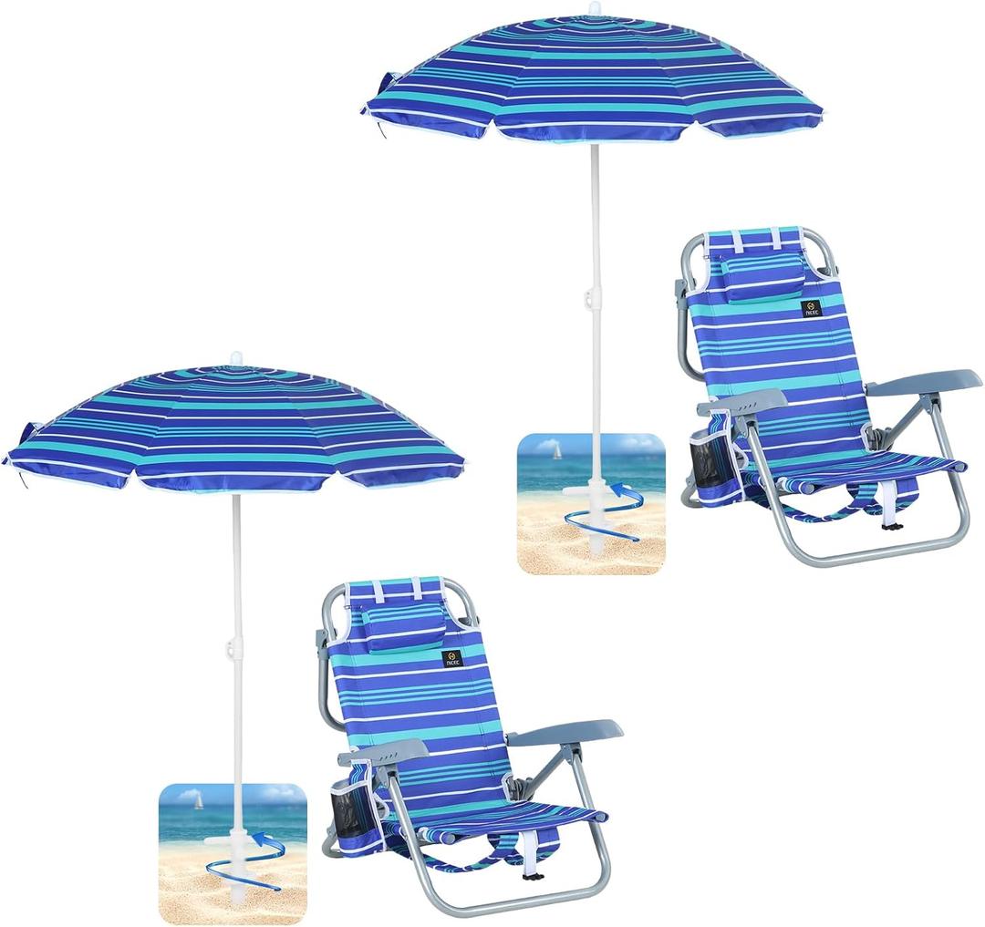 Nice C Toddler Beach Chair, Kids Beach Chair with Umbrella, Backpack Beach Folding Chairs, Backpack Camping Chairs, 5-Position Reclining, with Cup Holder, for Beach, Camping, Picnic (2 Pack)