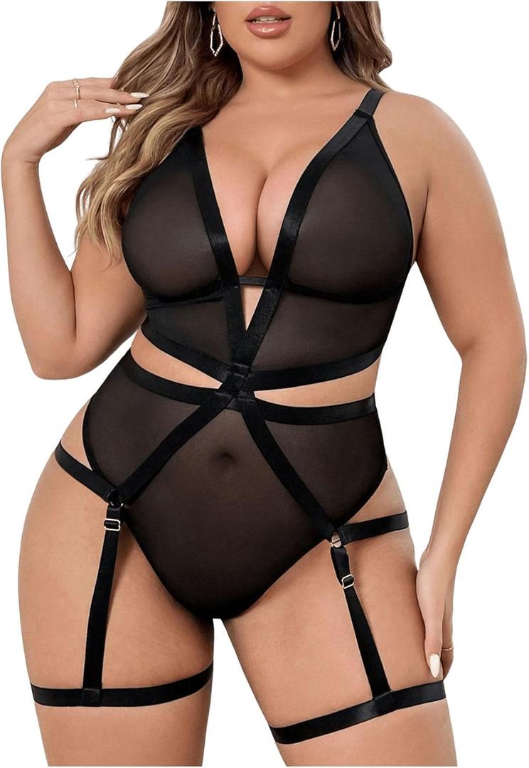 SOLY HUX Plus Size Teddy Lingerie for Women Sheer Mesh See Through Deep V Babydoll Bodysuits (Black, XXL)