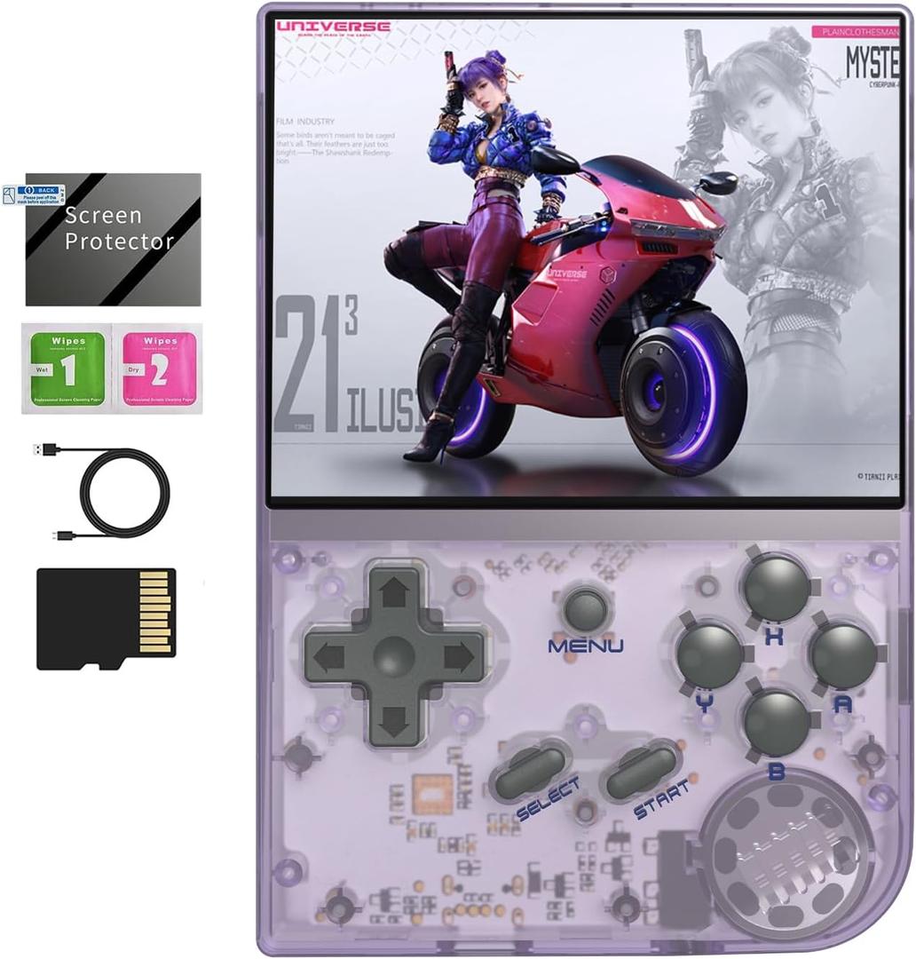 RG35XX 2024 Retro Gaming Consoles with 64GB Card rg35xx Handheld Game Console 3.5 inch IPS Screen Linux System Classic Emulator Hand Held Gaming Console Support HD TV Output Purple