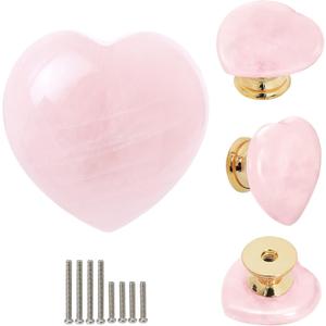 Malimali Rose Quartz Heart Cabinet Knobs, Pink Crystal Dresser Drawer Pulls for Girls, Cute Gold Knobs for Bifold Closet Door Cupboard Kitchen Bathroom