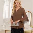 Lotusmile Women's 3/4 Sleeve Dressy Tops Elegant V Neck Blouse for Women Casual Work Evening Party (Brown, S)