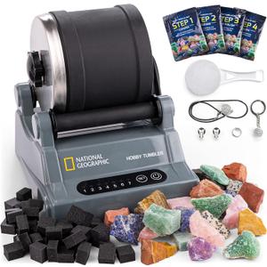 National Geographic Hobby Rock Tumbler Kit  Durable Leak-Proof Rock Polisher with 7-Day Timer, Complete Rock Tumbling Kit with Grit, Jewelry Settings & GemFoam Polish, Educational STEM Science Kit